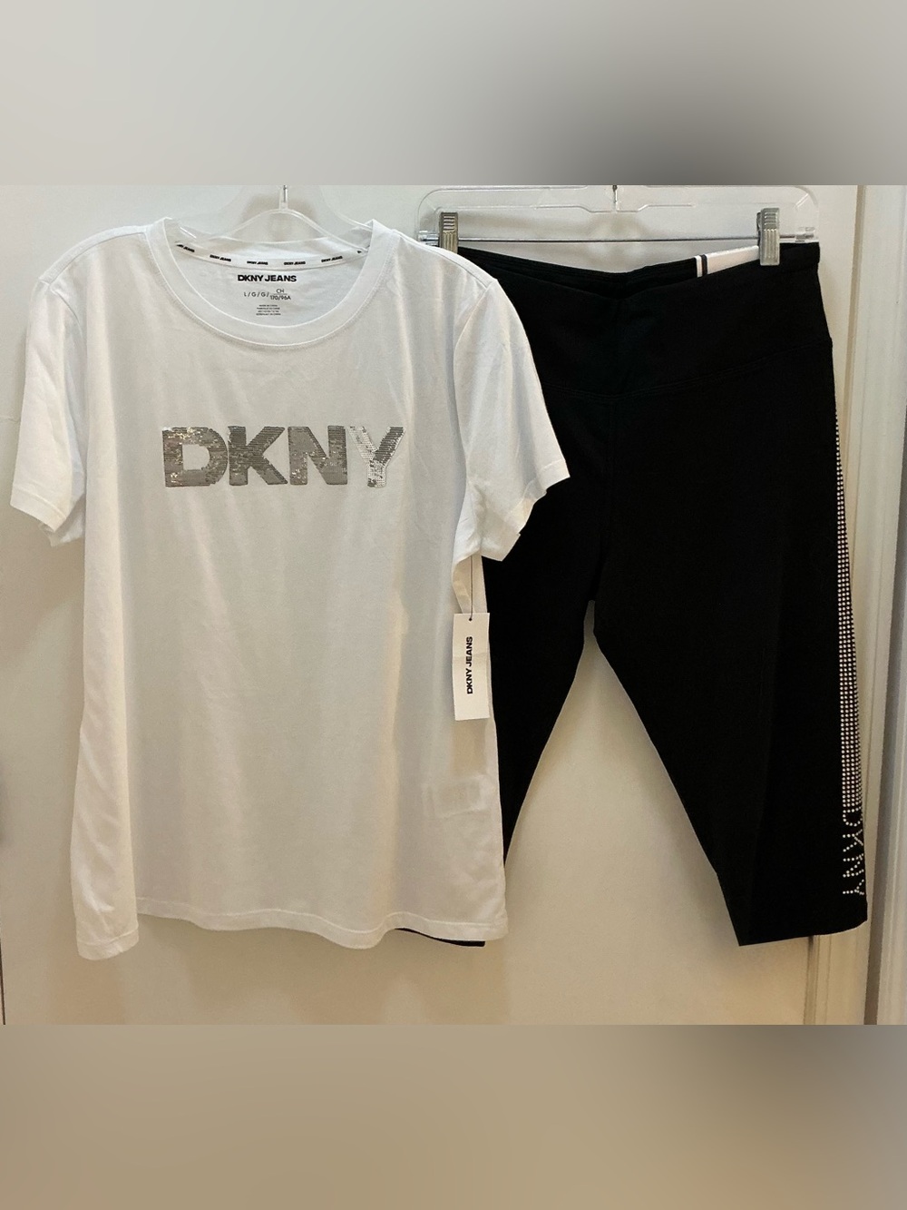 NWT DKNY White Tee with Shiny Silver Logo, Rhinestone Leggings